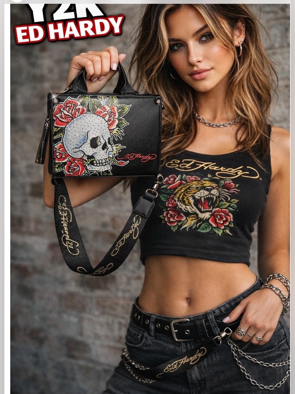 Ed Hardy Black Mini Top-Handle Bag with Skull & Red Rose Graphic